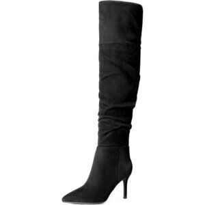 Women's Black-suede Faux Leather Over The Knee Boots Thigh High Pointed Toe Boot